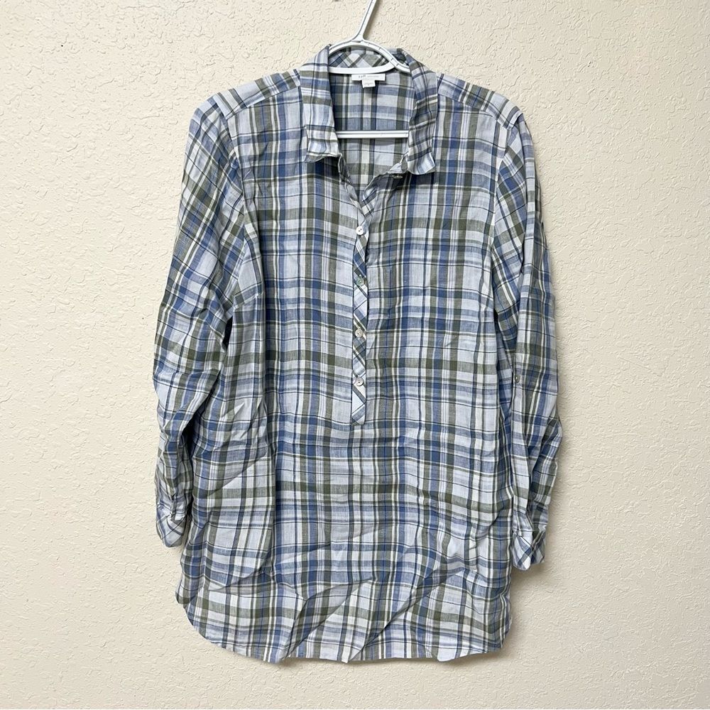 J Jill Love Linen Blue Plaid Print 1/2 Button Down Tunic Blouse Top Pockets Sz M